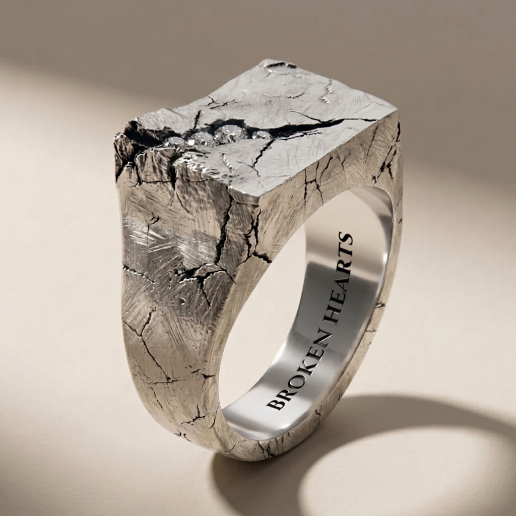 SAXUM LUX ring in volcanic-oxidized 925 silver with white stones, handcrafted in Italy for you - Broken Hearts