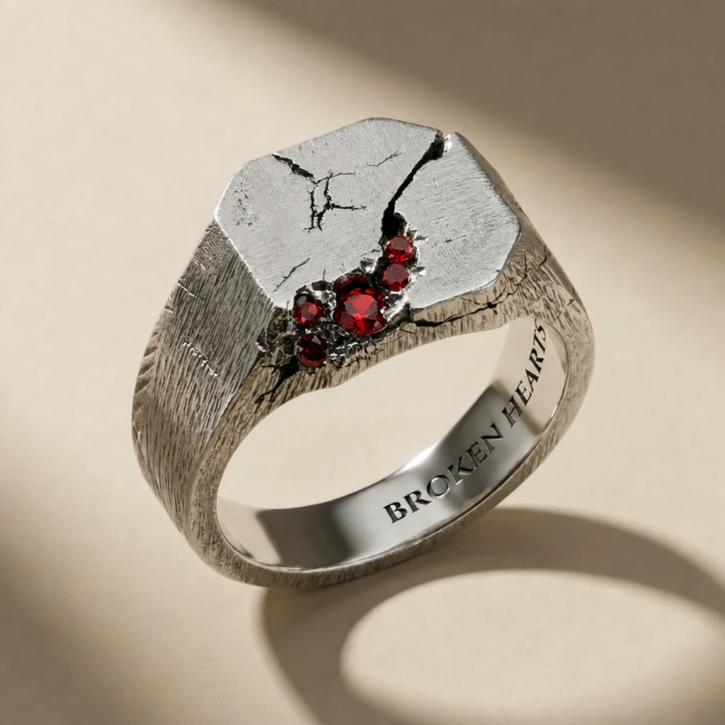 SCISSUM SANGUINIS ring in volcanic-oxidized 925 silver with red stones, handcrafted in Italy for you - Broken Hearts