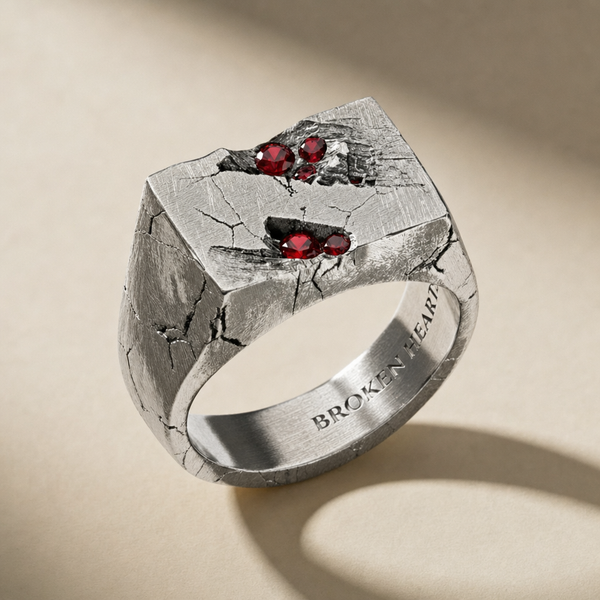 RELIC SANGUINIS ring in volcanic-oxidized 925 silver with red stones, handcrafted in Italy for you - Broken Hearts