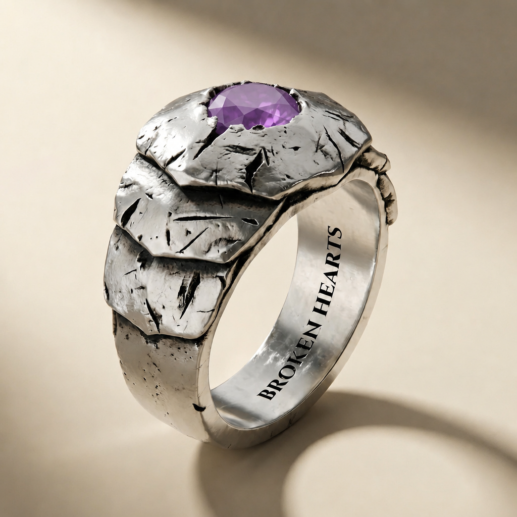 SCUTUM VESPER ring in volcanic-oxidized 925 silver with violet stones, handcrafted in Italy for you - Broken Hearts