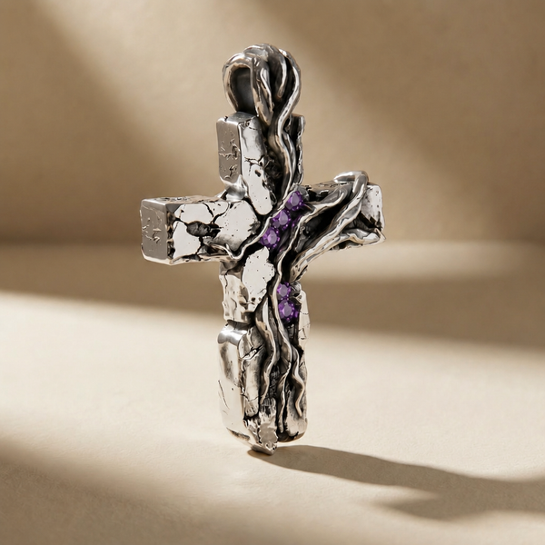 CRUCEM VESPER cross pendant in volcanic-oxidized 925 silver with violet stones, handcrafted in Italy for you - Broken Hearts