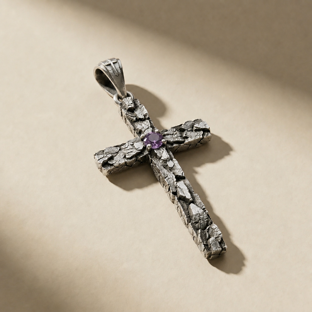 DEVOTIO VESPER pendant in volcanic-oxidized 925 silver with violet stones, handcrafted in Italy for you - Broken Hearts