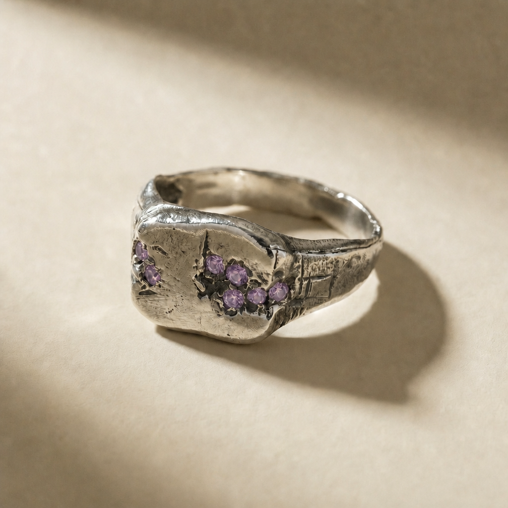 KLUSTER VESPER cluster ring in volcanic-oxidized 925 silver with violet stones, handcrafted in Italy for you - Broken Hearts
