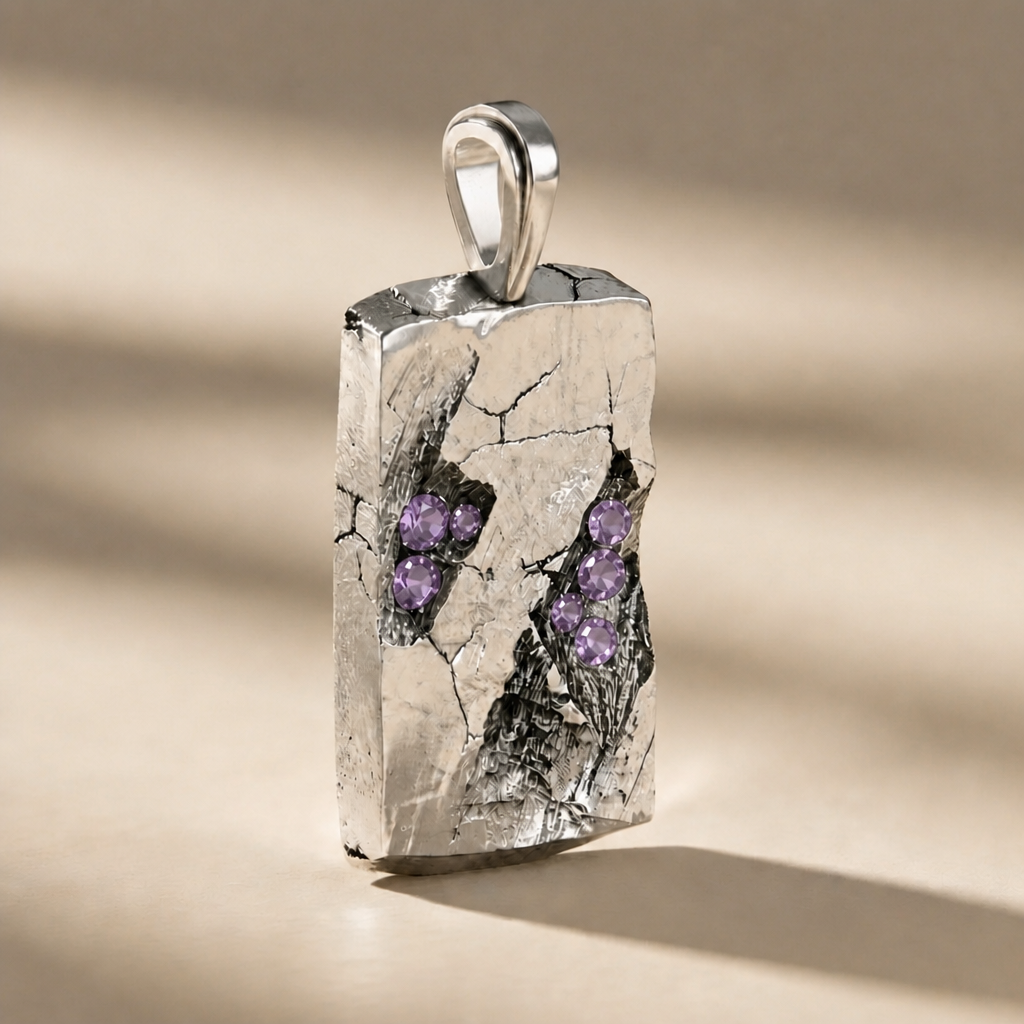 GOLGA VESPER cross pendant in volcanic-oxidized 925 silver with violet stones, handcrafted in Italy for you - Broken Hearts