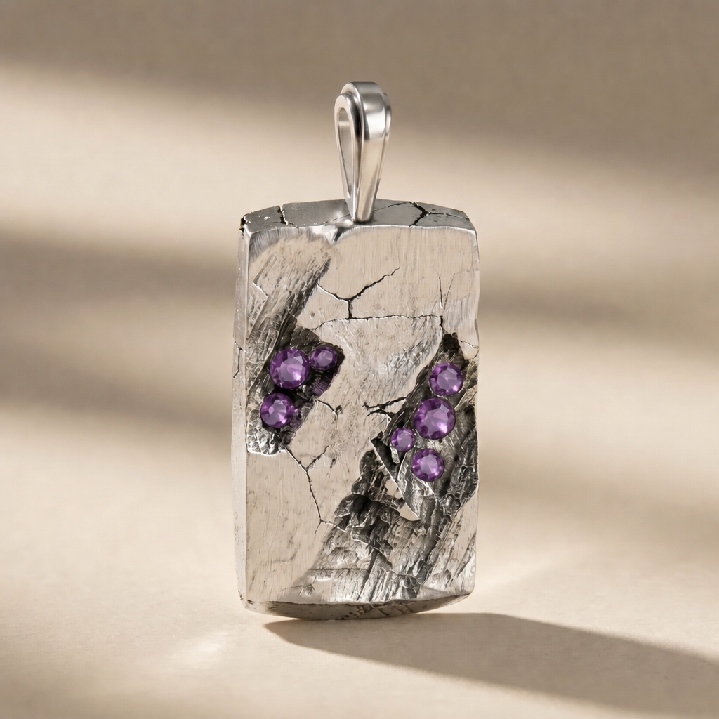 GOLGA VESPER cross pendant in volcanic-oxidized 925 silver with violet stones, handcrafted in Italy for you - Broken Hearts