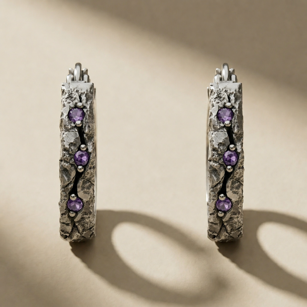 ANULUS VESPER hoop earrings in volcanic-oxidized 925 silver with violet stones, handcrafted in Italy for you - Broken Hearts