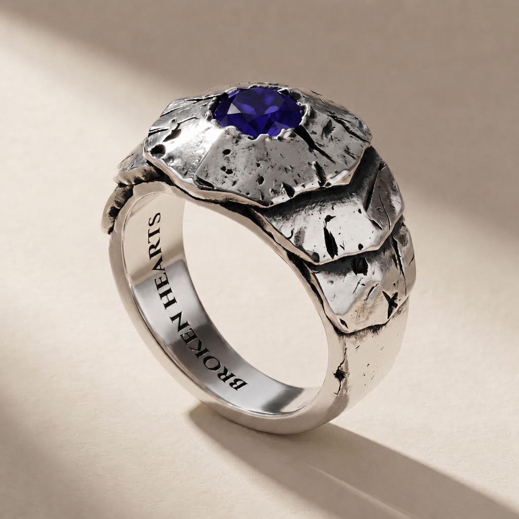 SCUTUM VESPER ring in volcanic-oxidized 925 silver with violet stones, handcrafted in Italy for you - Broken Hearts
