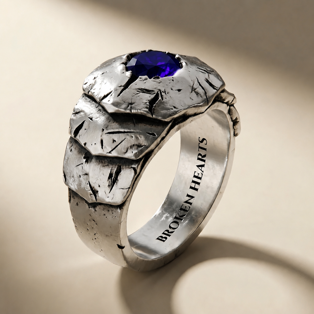 SCUTUM VESPER ring in volcanic-oxidized 925 silver with violet stones, handcrafted in Italy for you - Broken Hearts