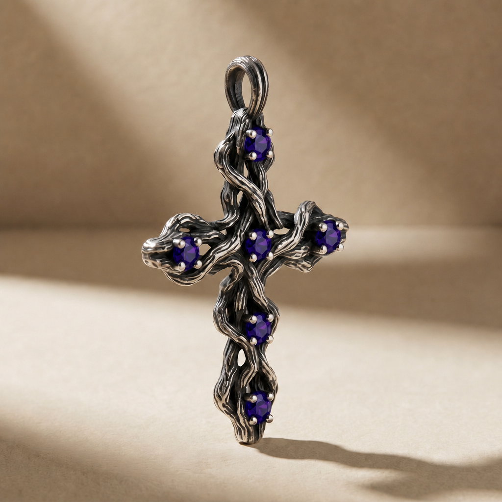 PLEXUS VESPER pendant in volcanic-oxidized 925 silver with violet stones, handcrafted in Italy for you - Broken Hearts
