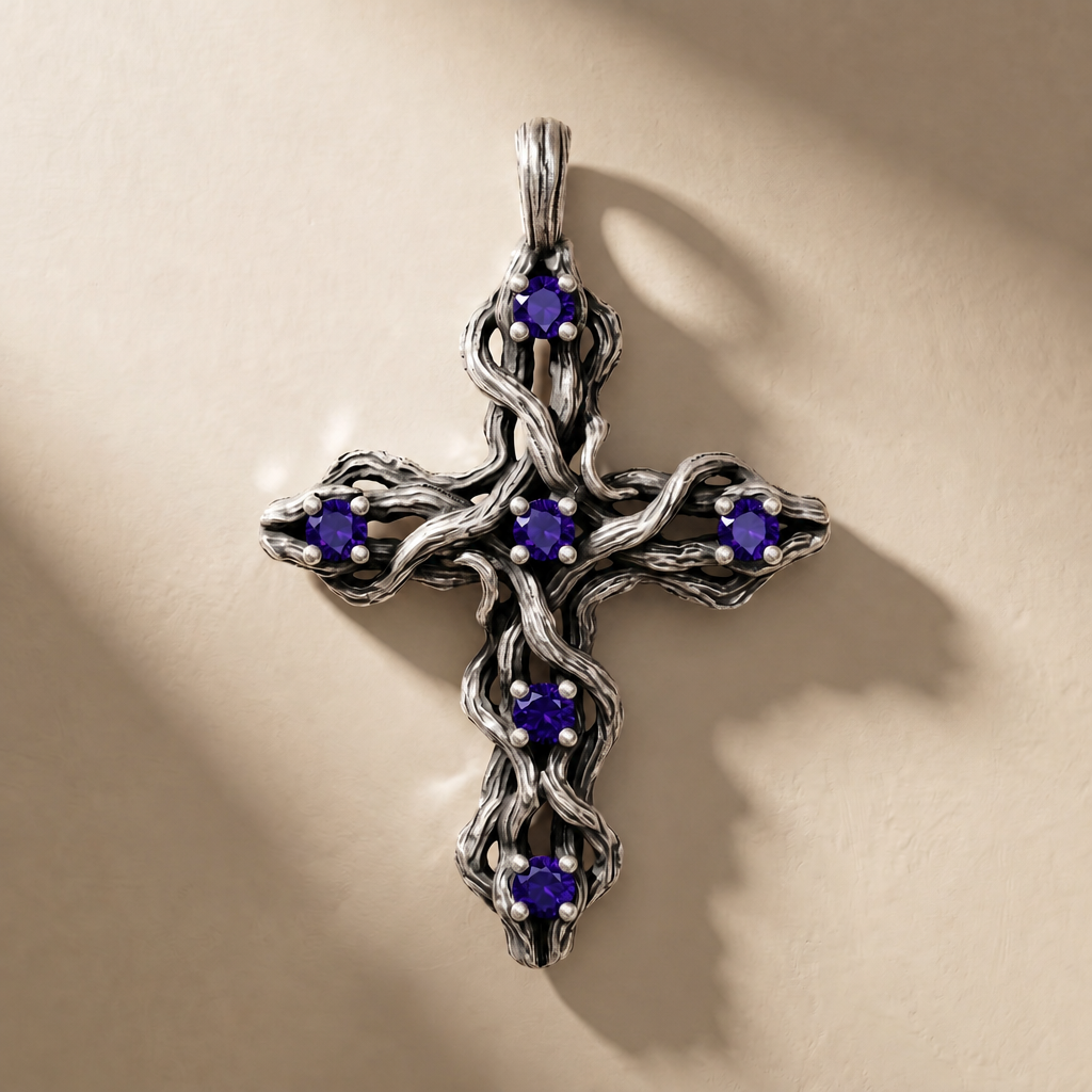 PLEXUS VESPER pendant in volcanic-oxidized 925 silver with violet stones, handcrafted in Italy for you - Broken Hearts