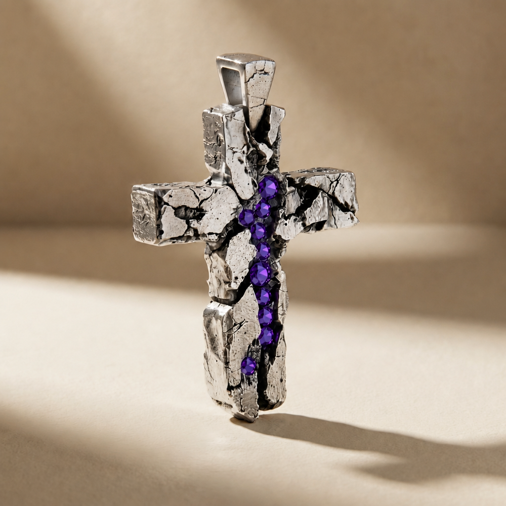 CRUX VESPER cross pendant in volcanic-oxidized 925 silver with violet stones, handcrafted in Italy for you - Broken Hearts
