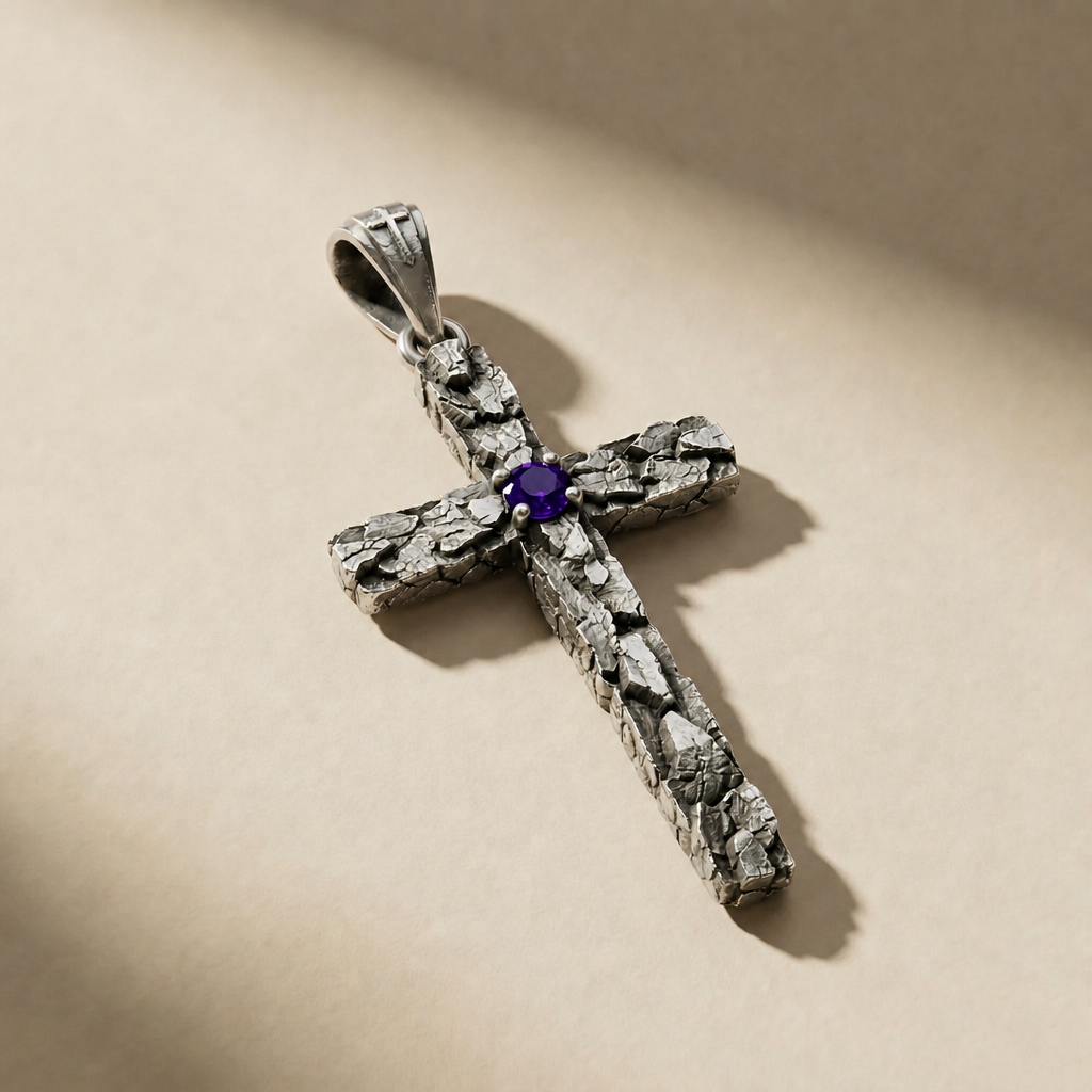 DEVOTIO VESPER pendant in volcanic-oxidized 925 silver with violet stones, handcrafted in Italy for you - Broken Hearts