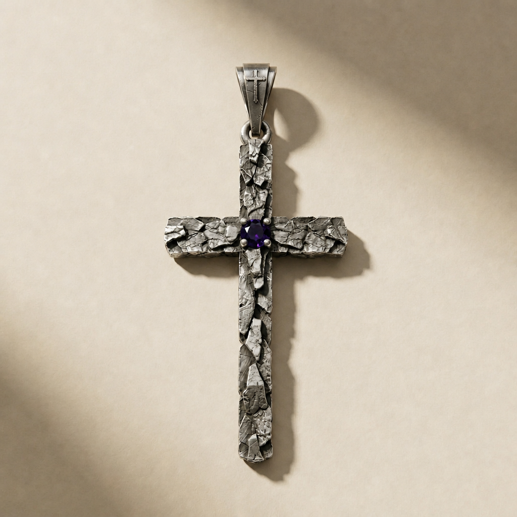 DEVOTIO VESPER pendant in volcanic-oxidized 925 silver with violet stones, handcrafted in Italy for you - Broken Hearts