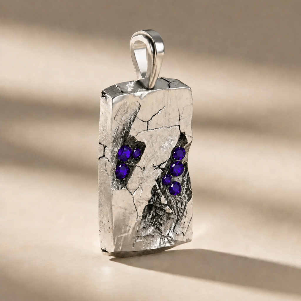 GOLGA VESPER cross pendant in volcanic-oxidized 925 silver with violet stones, handcrafted in Italy for you - Broken Hearts