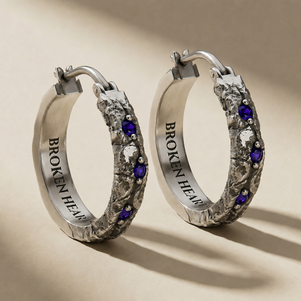 ANULUS VESPER hoop earrings in volcanic-oxidized 925 silver with violet stones, handcrafted in Italy for you - Broken Hearts