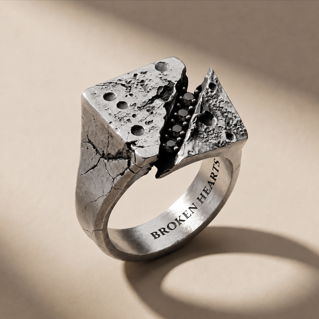 FRACTURA NOX ring in volcanic-oxidized 925 silver with black stones, handcrafted in Italy for you - Broken Hearts