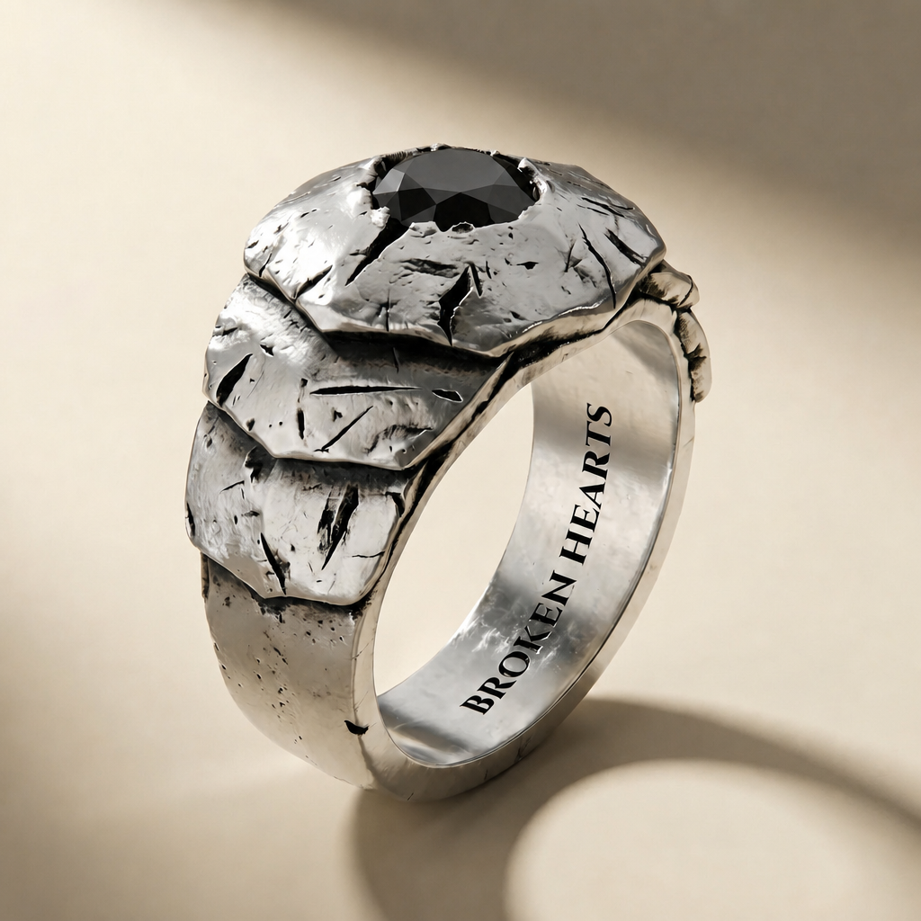 SCUTUM NOX ring in volcanic-oxidized 925 silver with black stones, handcrafted in Italy for you - Broken Hearts