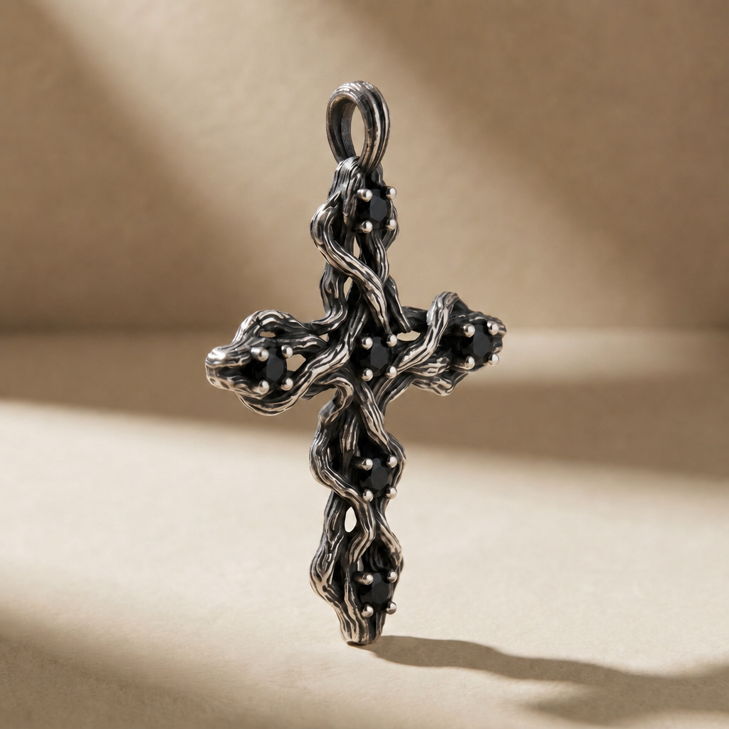 PLEXUS NOX pendant in volcanic-oxidized 925 silver with black stones, handcrafted in Italy for you - Broken Hearts