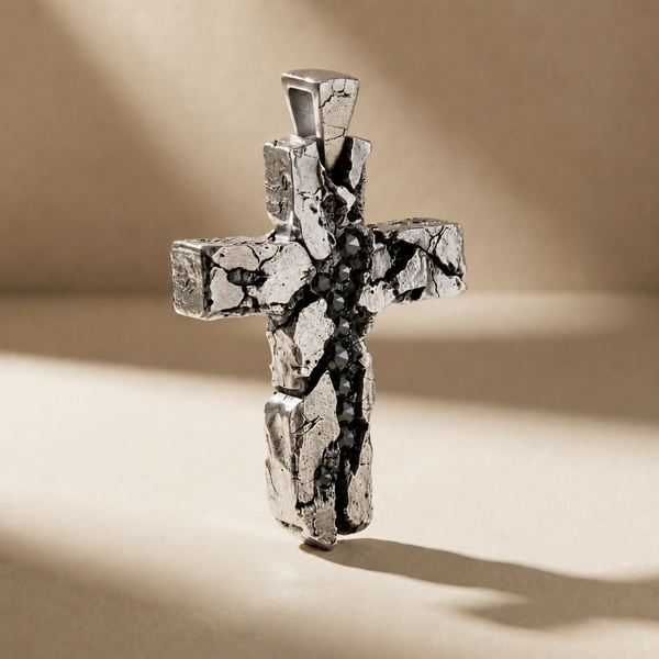 CRUX NOX cross pendant in volcanic-oxidized 925 silver with black stones, handcrafted in Italy for you - Broken Hearts