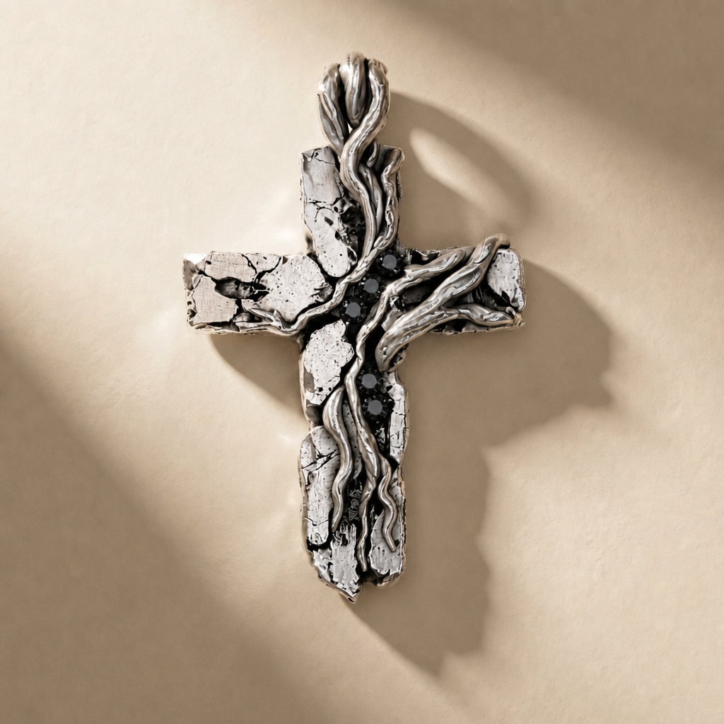 CRUCEM NOX cross pendant in volcanic-oxidized 925 silver with black stones, handcrafted in Italy for you - Broken Hearts