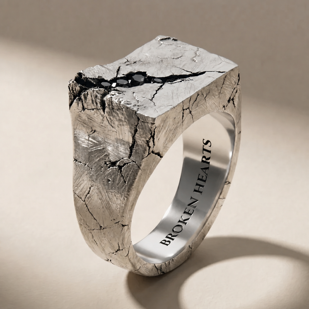 SAXUM NOX ring in volcanic-oxidized 925 silver with black stones, handcrafted in Italy for you - Broken Hearts