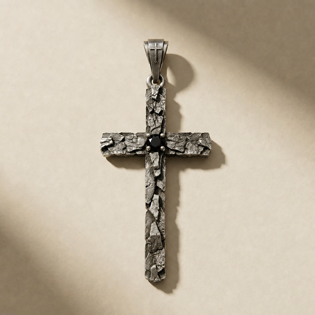 DEVOTIO NOX pendant in volcanic-oxidized 925 silver with black stones, handcrafted in Italy for you - Broken Hearts
