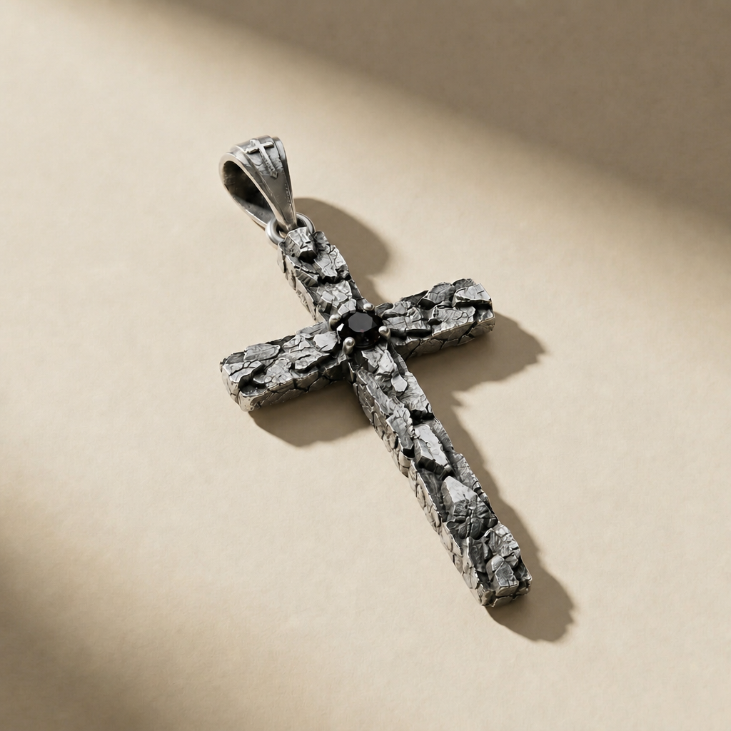 DEVOTIO NOX pendant in volcanic-oxidized 925 silver with black stones, handcrafted in Italy for you - Broken Hearts