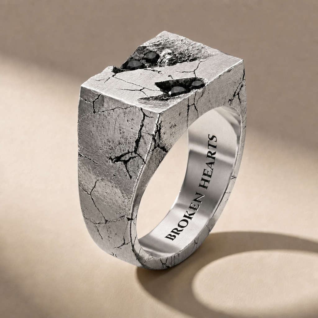 RELIC NOX ring in volcanic-oxidized 925 silver with black stones, handcrafted in Italy for you - Broken Hearts