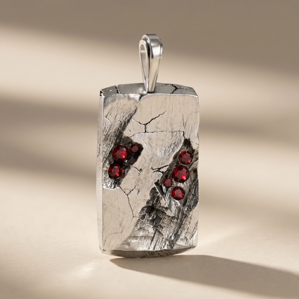 GOLGA SANGUINIS cross pendant in volcanic-oxidized 925 silver with red stones, handcrafted in Italy for you - Broken Hearts