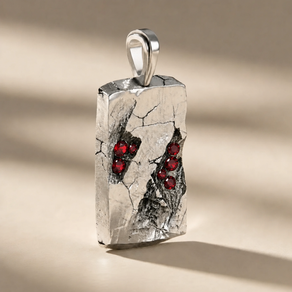 GOLGA SANGUINIS cross pendant in volcanic-oxidized 925 silver with red stones, handcrafted in Italy for you - Broken Hearts