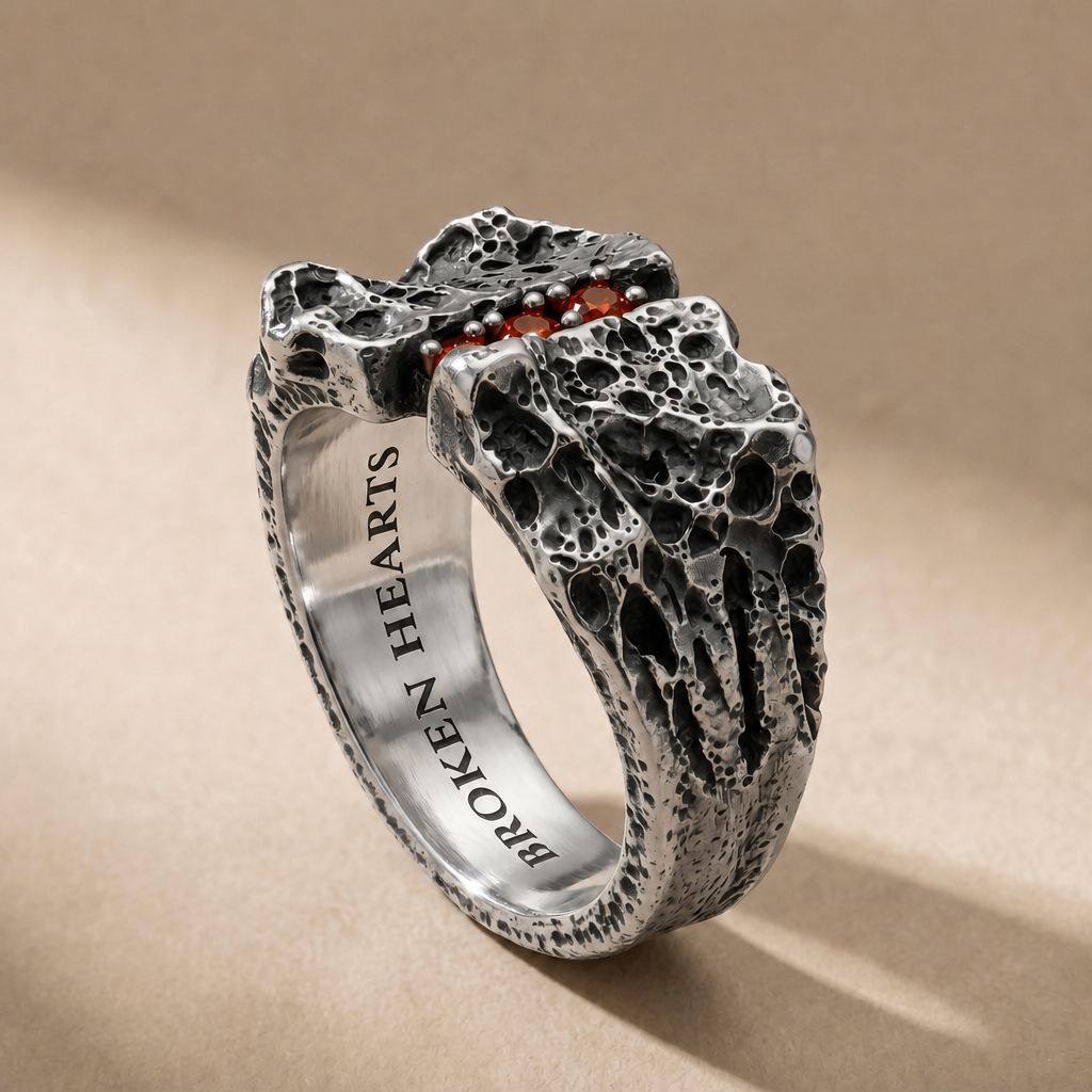 TERNUM SANGUINIS three-stone ring in volcanic-oxidized 925 silver with red stones, handcrafted in Italy for you - Broken Hearts