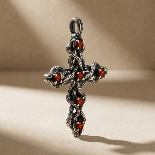 PLEXUS SANGUINIS pendant in volcanic-oxidized 925 silver with red stones, handcrafted in Italy for you - Broken Hearts