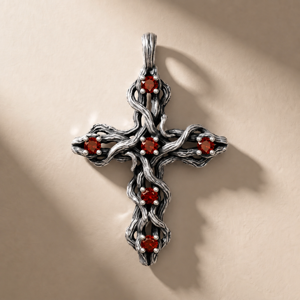 PLEXUS SANGUINIS pendant in volcanic-oxidized 925 silver with red stones, handcrafted in Italy for you - Broken Hearts