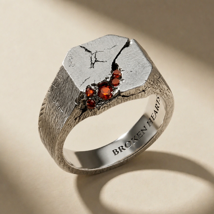 SCISSUM SANGUINIS ring in volcanic-oxidized 925 silver with red stones, handcrafted in Italy for you - Broken Hearts