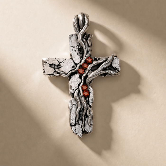 CRUCEM SANGUINIS cross pendant in volcanic-oxidized 925 silver with red stones, handcrafted in Italy for you - Broken Hearts