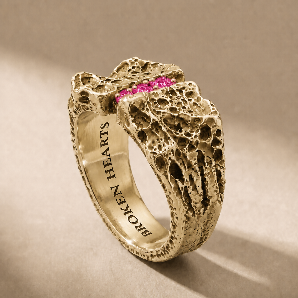 TERNUM AUREUM SANGUINIS ring in solid 18kt gold with red stones, handcrafted in Italy for you - Broken Hearts