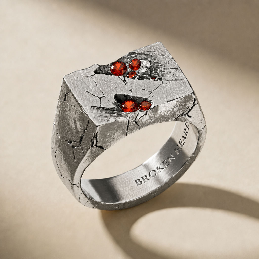RELIC SANGUINIS ring in volcanic-oxidized 925 silver with red stones, handcrafted in Italy for you - Broken Hearts