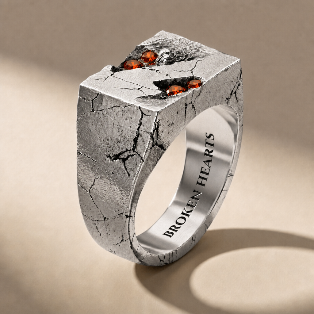 RELIC SANGUINIS ring in volcanic-oxidized 925 silver with red stones, handcrafted in Italy for you - Broken Hearts