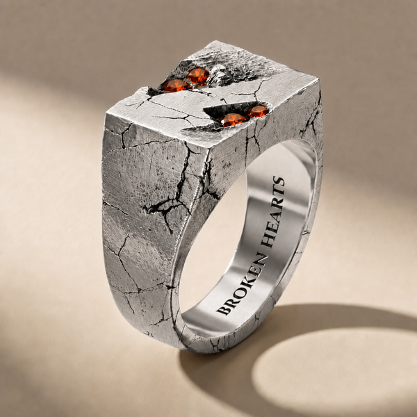 RELIC SANGUINIS ring in volcanic-oxidized 925 silver with red stones, handcrafted in Italy for you - Broken Hearts