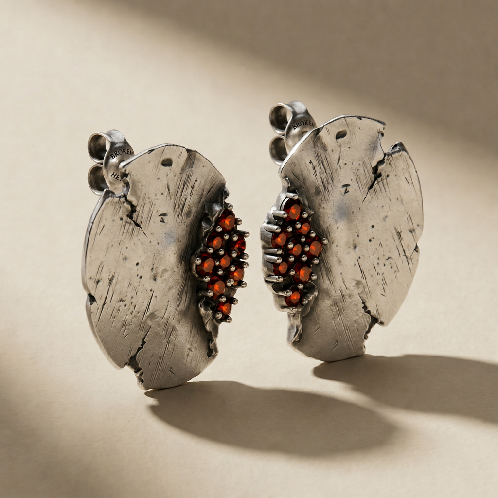 ORBITA SANGUINIS ear cuff in volcanic-oxidized 925 silver with red stones, handcrafted in Italy for you - Broken Hearts