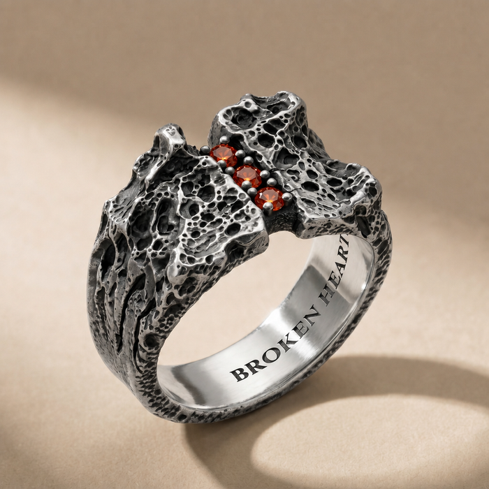 TERNUM SANGUINIS three-stone ring in volcanic-oxidized 925 silver with red stones, handcrafted in Italy for you - Broken Hearts