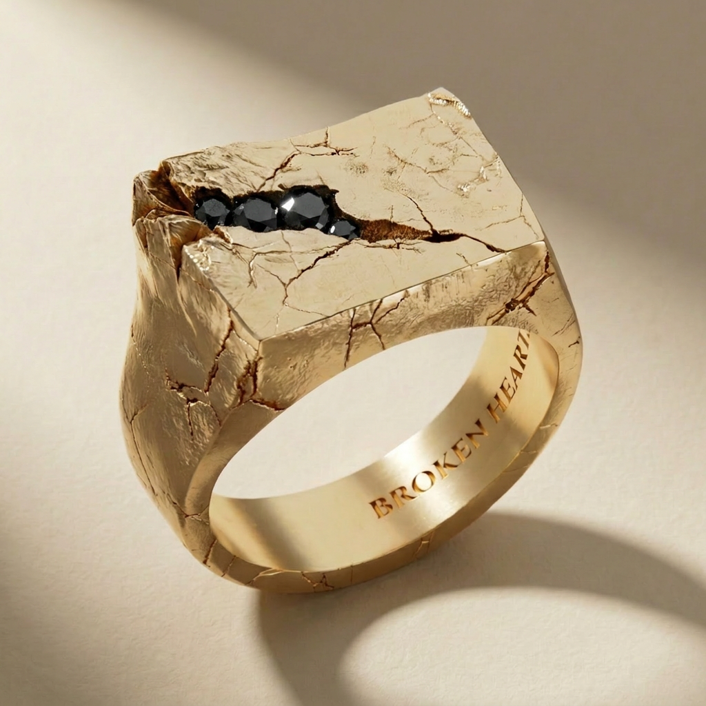 GOLDEN SAXUM NOX ring in solid 14kt gold with black stones, handcrafted in Italy for you - Broken Hearts