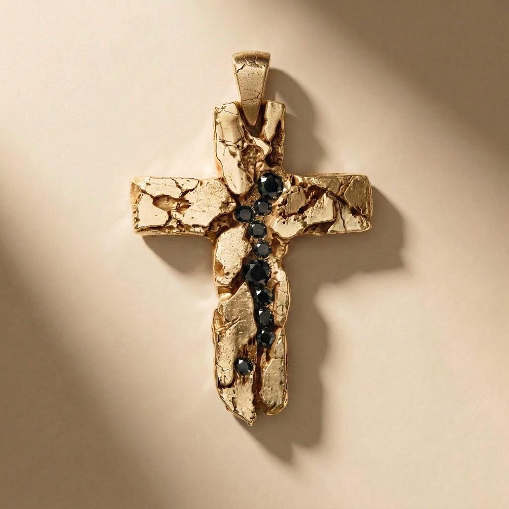 GOLDEN CRUX NOX cross pendant in solid 14kt gold with black stones, handcrafted in Italy for you - Broken Hearts