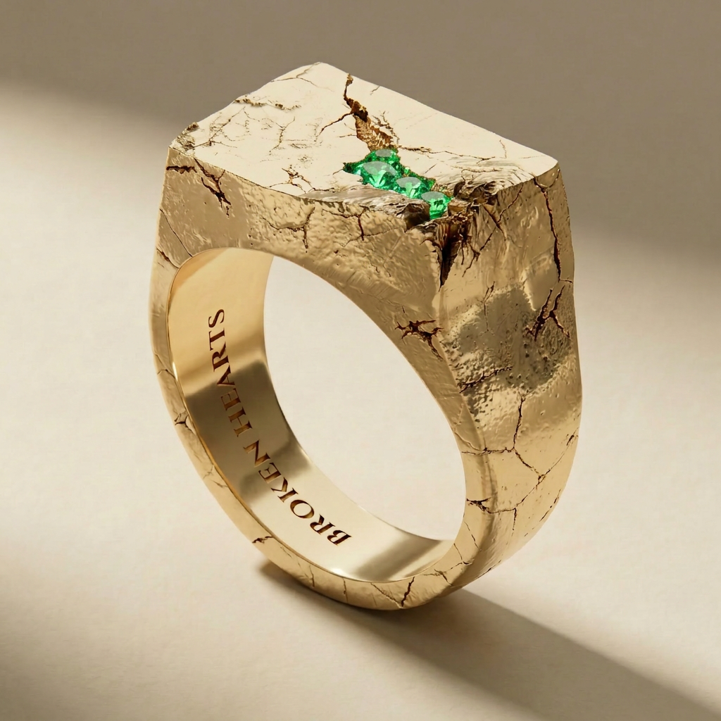 SAXUM AUREUM VIRIDIS ring in solid 18kt gold with green stones, handcrafted in Italy for you - Broken Hearts