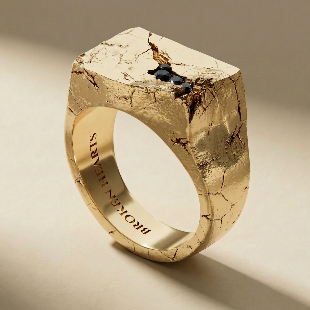 SAXUM AUREUM NOX ring in solid 18kt gold with black stones, handcrafted in Italy for you - Broken Hearts