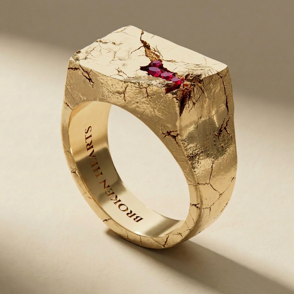 SAXUM AUREUM SANGUINIS ring in solid 18kt gold with red stones, handcrafted in Italy for you - Broken Hearts