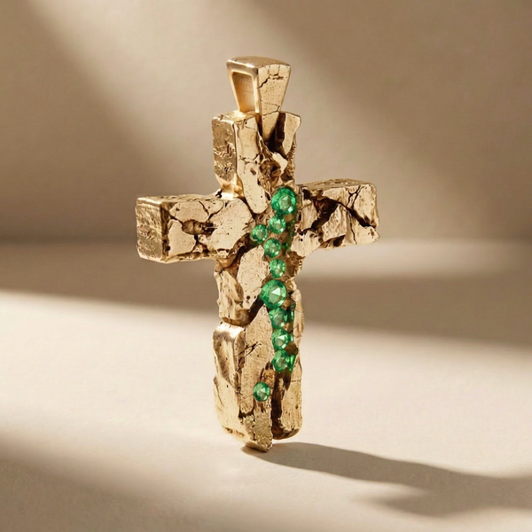 GOLDEN CRUX VIRIDIS cross pendant in solid 14kt gold with green stones, handcrafted in Italy for you - Broken Hearts