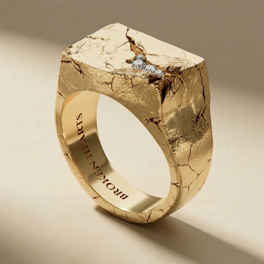 GOLDEN SAXUM LUX ring in solid 14kt gold with white stones, handcrafted in Italy for you - Broken Hearts