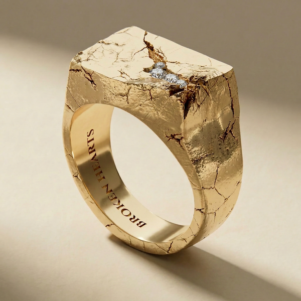 GOLDEN SAXUM LUX ring in solid 14kt gold with white stones, handcrafted in Italy for you - Broken Hearts