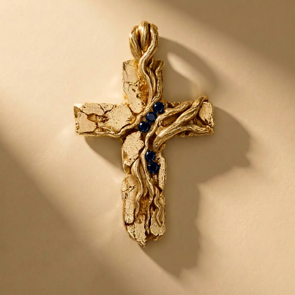GOLDEN CRUCEM ABYSSUS cross pendant in solid 14kt gold with blue stones, handcrafted in Italy for you - Broken Hearts